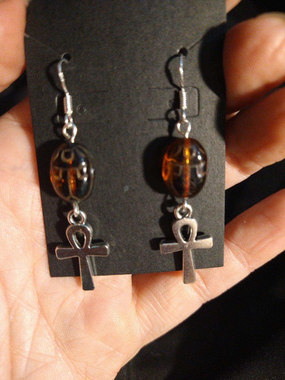 Amber Glass Scarab & Ankh Dangle Earrings - Gothic Gargoyle